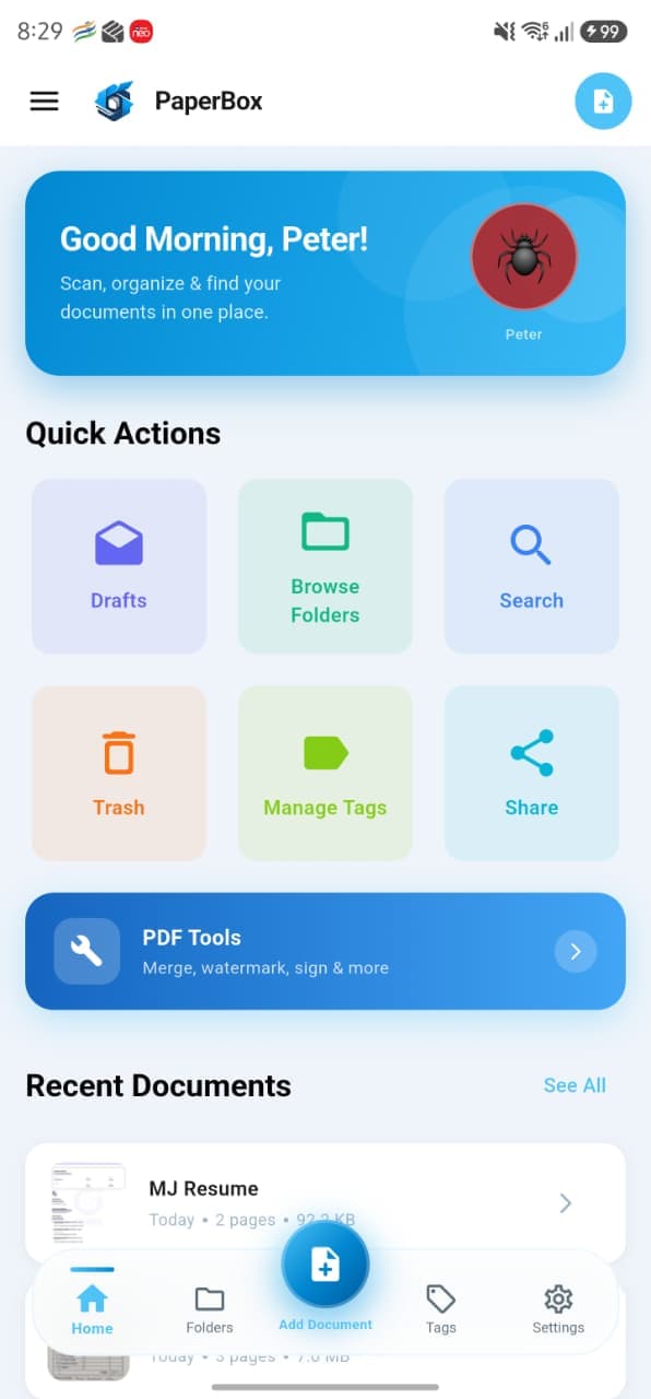PaperBox Quick Actions screen