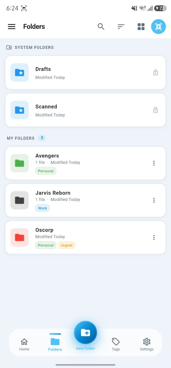 PaperBox Folders screen