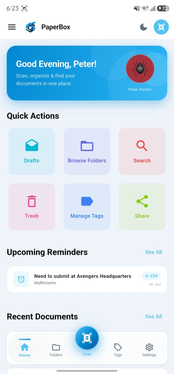 PaperBox home screen