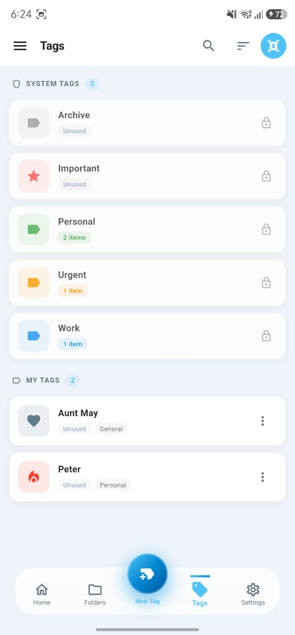 PaperBox Tags screen
